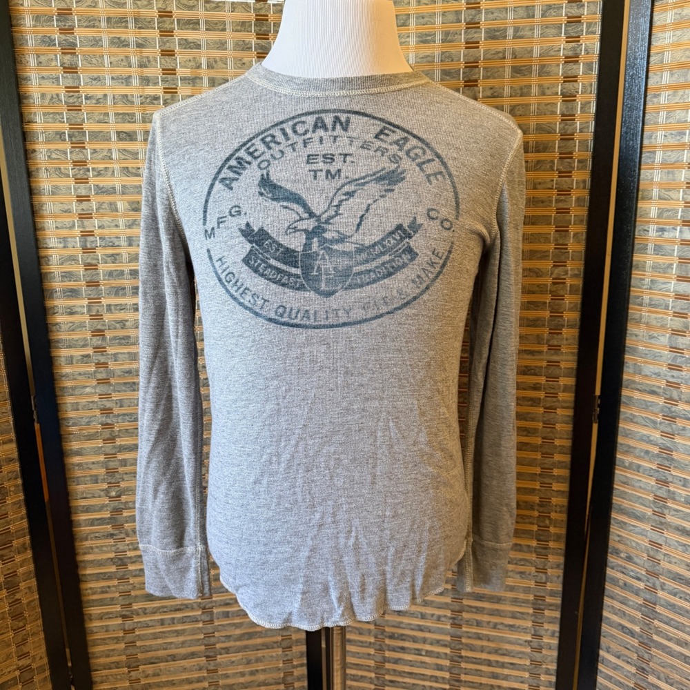 American Eagle Heritage Thermal Shirt Mens Small Gray Graphic Long Sleeve Waffle